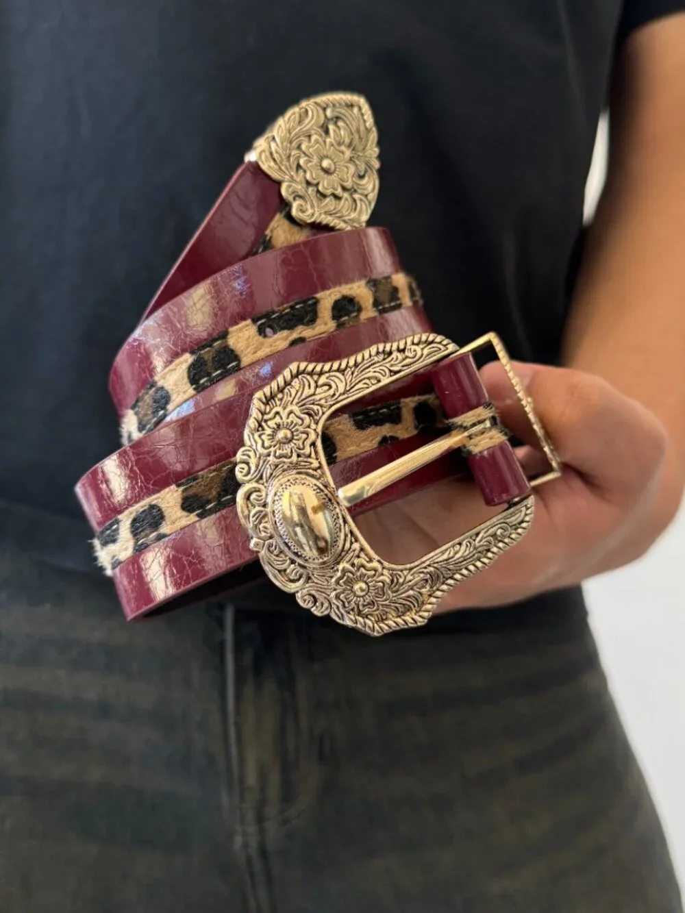 Burgundy Patent Leopard Inlay Western Belt